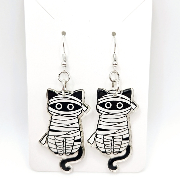 Halloween Black Cat Mummy Spooky Costume Acrylic Earrings French Hooks New - Picture 1 of 2